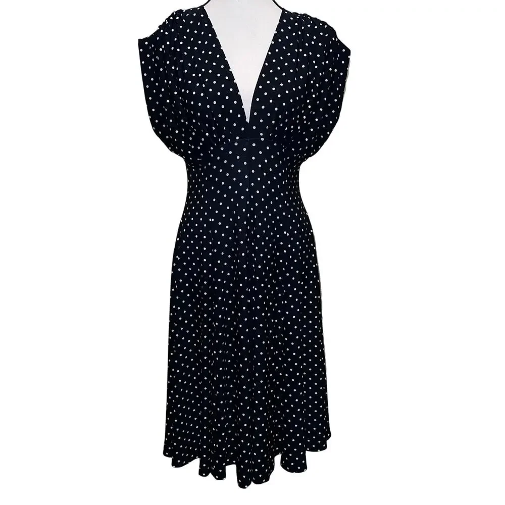 Norma Kamali Polka Dot Swing Dress Black White V-Neck Midi Flared A-Line Size L - Picture 2 of 12